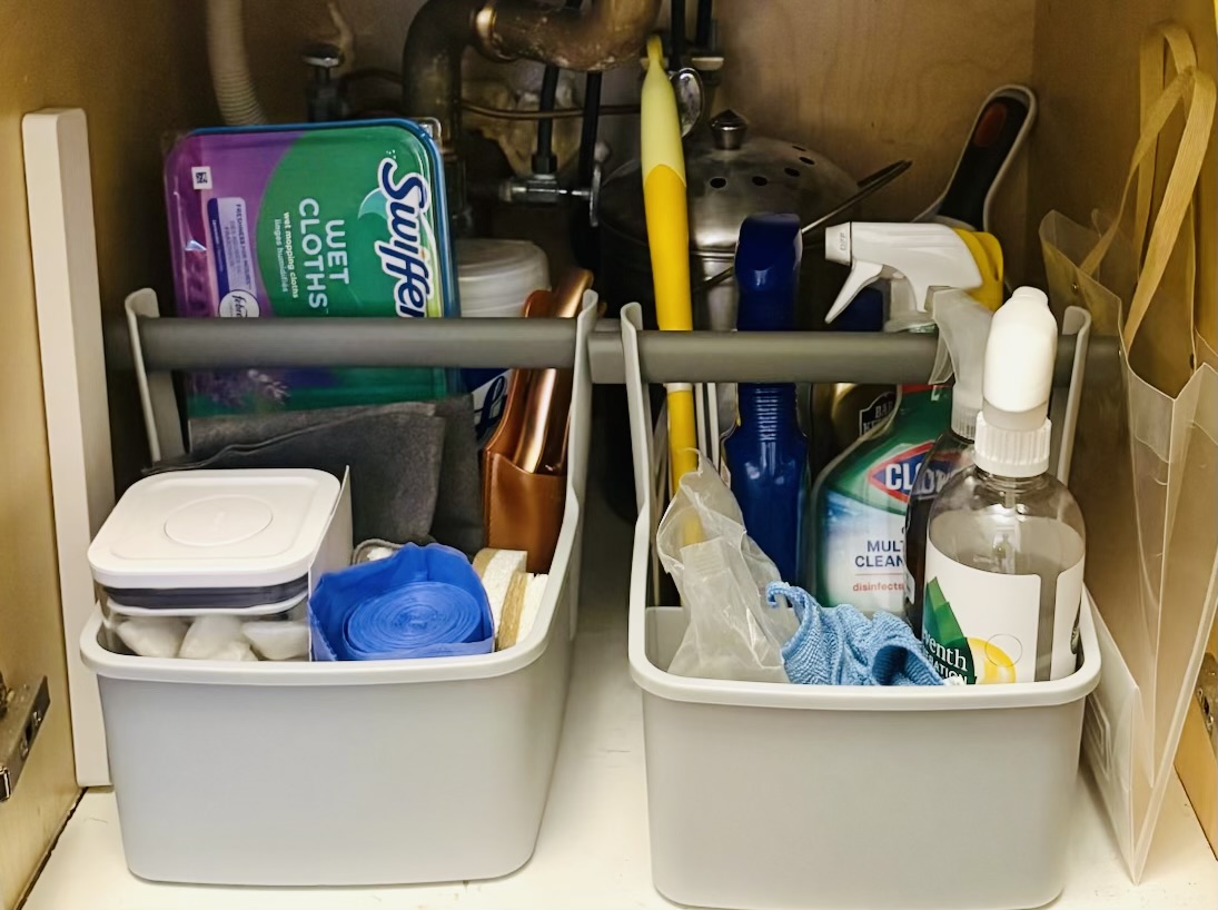 After: organized under-sink cabinet